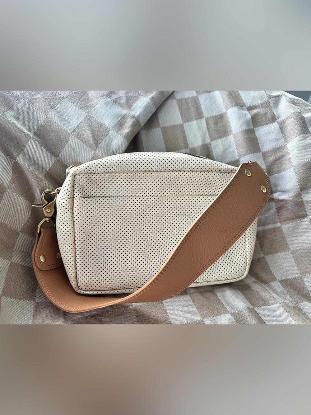 Clare V. Perforated Bag in White & Brown